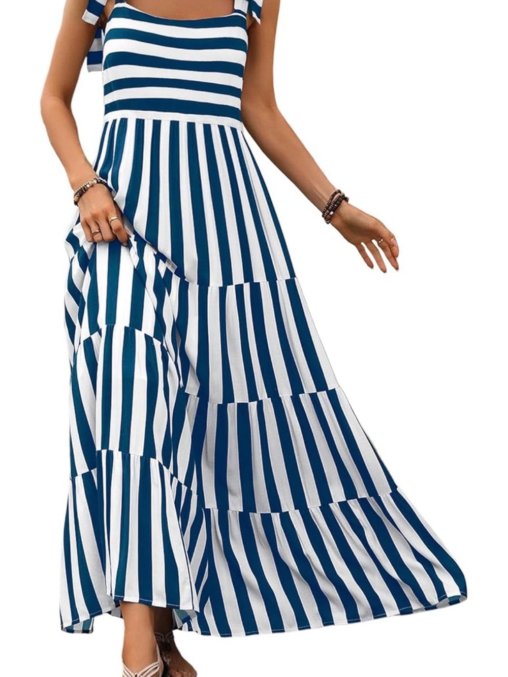 #89 Pretty Garden Striped Blue and White Tie-Shoulder Maxi Dress - Picture 4 of 8